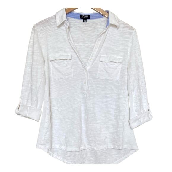 Jones New York white long roll tab sleeve pullover cotton blouse top large - Picture 1 of 6